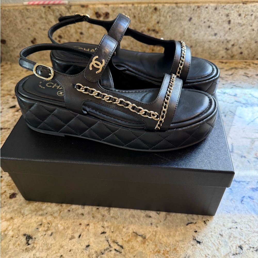 Chanel Black Quilted Platform Sandals - Picture 7 of 15